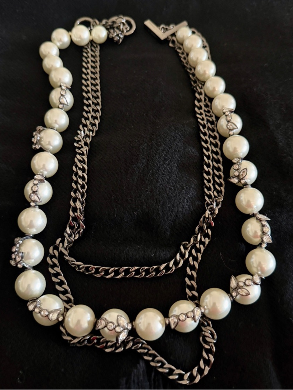NEW, Vintage SIGNED GIVENCHY Faux pearl Crystal/Rhinestones, Gunmetal Chain.